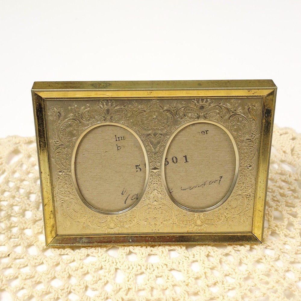 Vintage Embossed Gold Tone Picture Frame, Double Oval Mat, Easel Back
